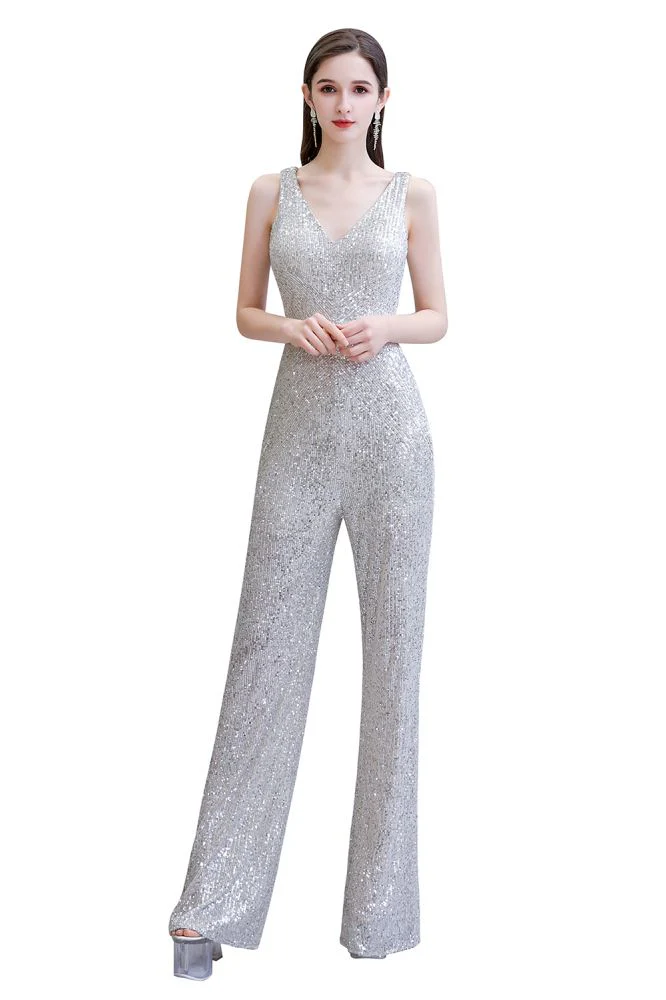 Chic Shining V-neck Silver Sequin Sleeveless Prom Jumpsuit - Image 24