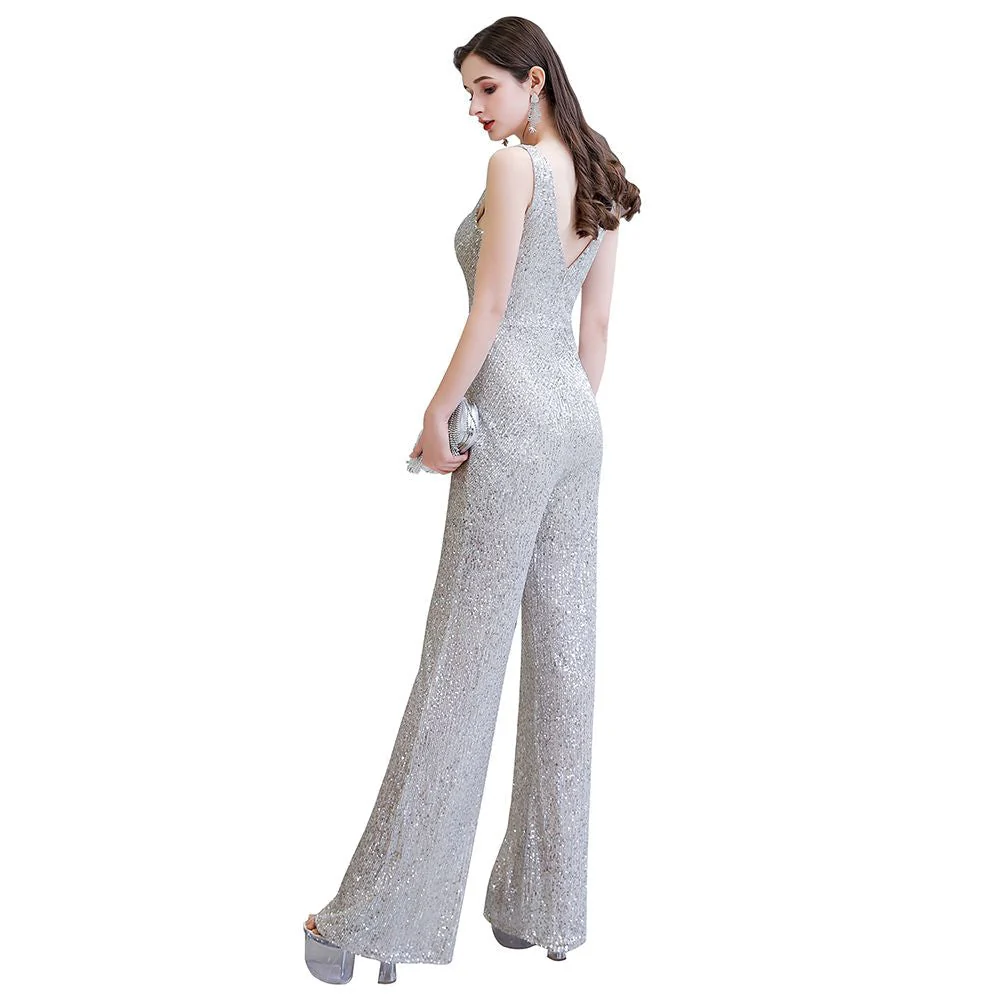 Chic Shining V-neck Silver Sequin Sleeveless Prom Jumpsuit - Image 25