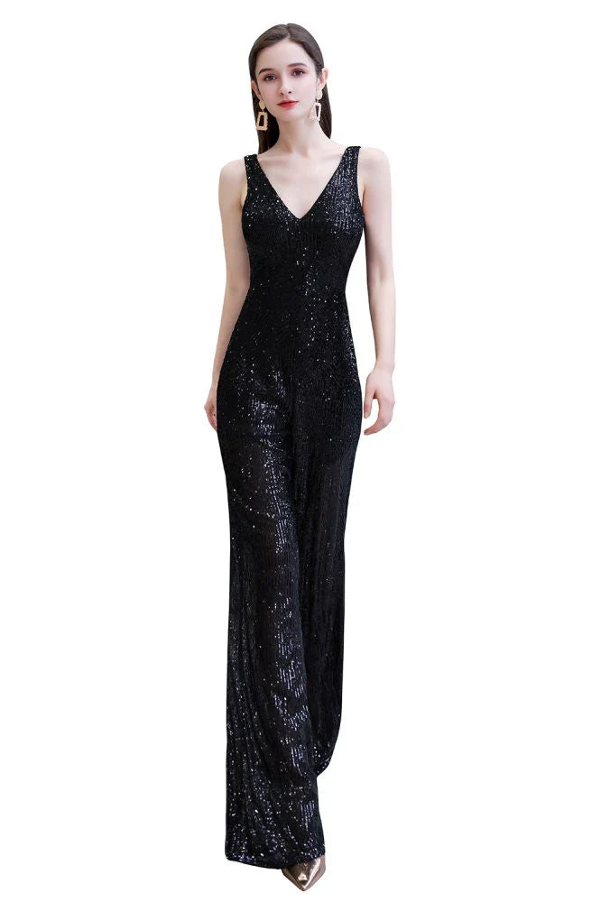 Chic Shining V-neck Silver Sequin Sleeveless Prom Jumpsuit - Image 26