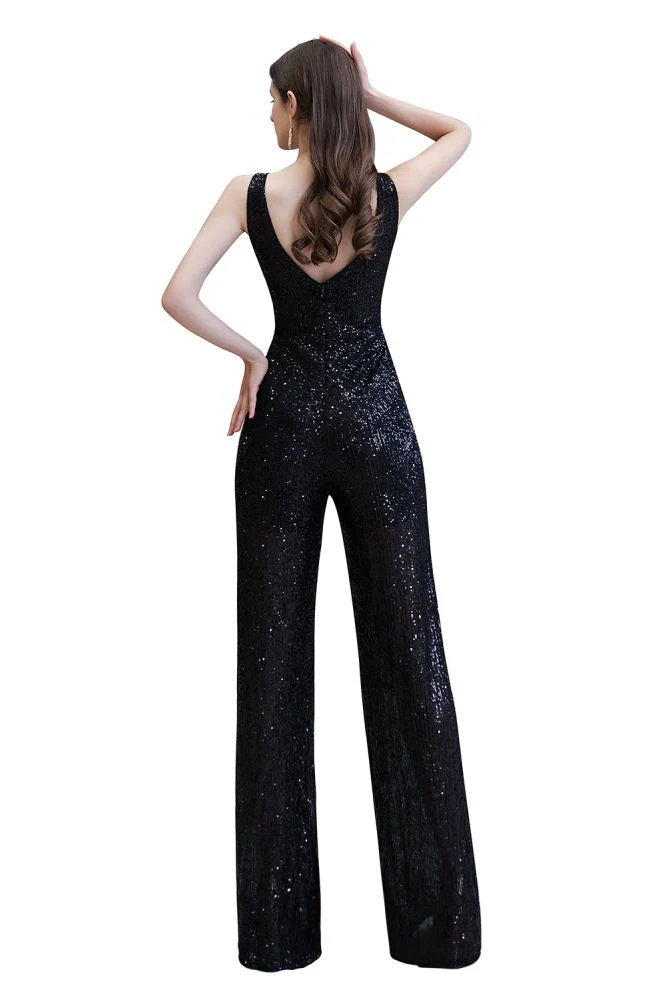 Chic Shining V-neck Silver Sequin Sleeveless Prom Jumpsuit - Image 27