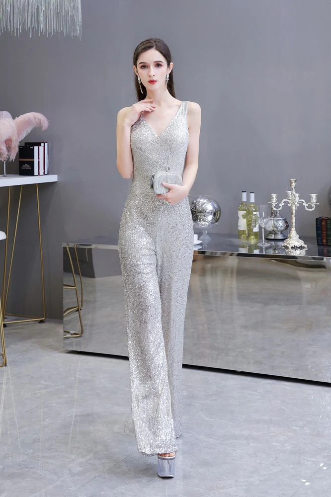 Chic Shining V-neck Silver Sequin Sleeveless Prom Jumpsuit - Image 3
