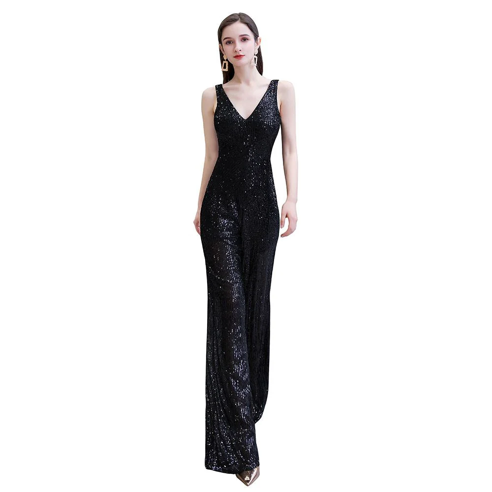 Chic Shining V-neck Silver Sequin Sleeveless Prom Jumpsuit - Image 4