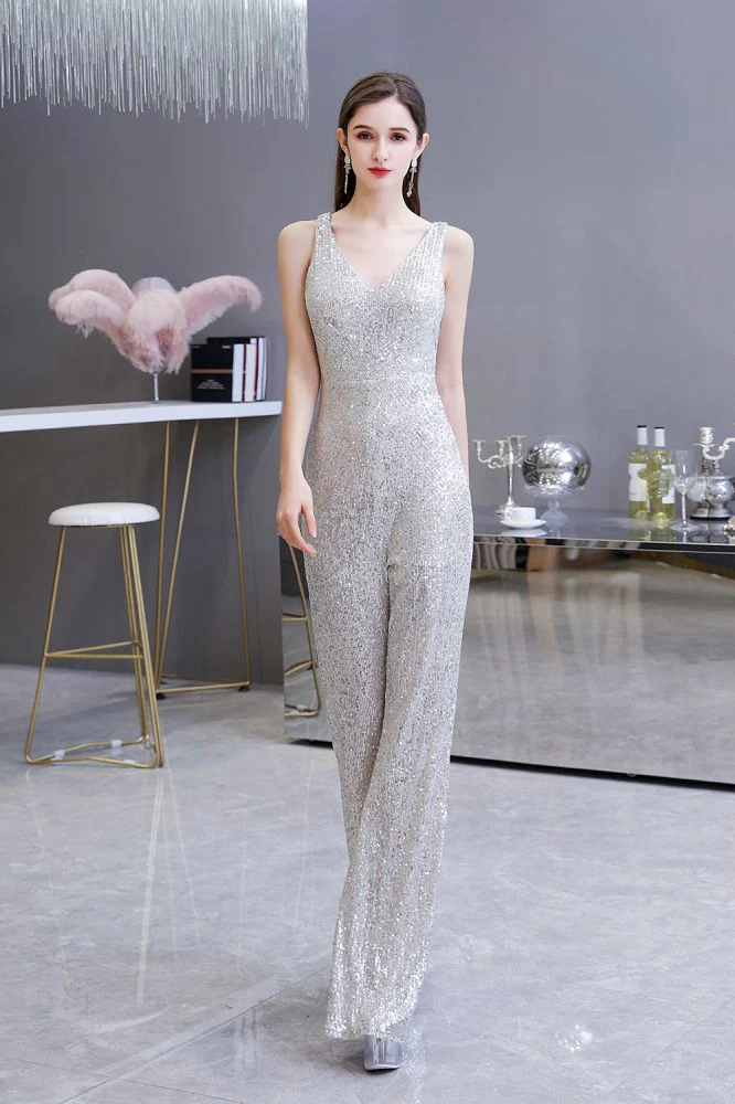 Chic Shining V-neck Silver Sequin Sleeveless Prom Jumpsuit - Image 5