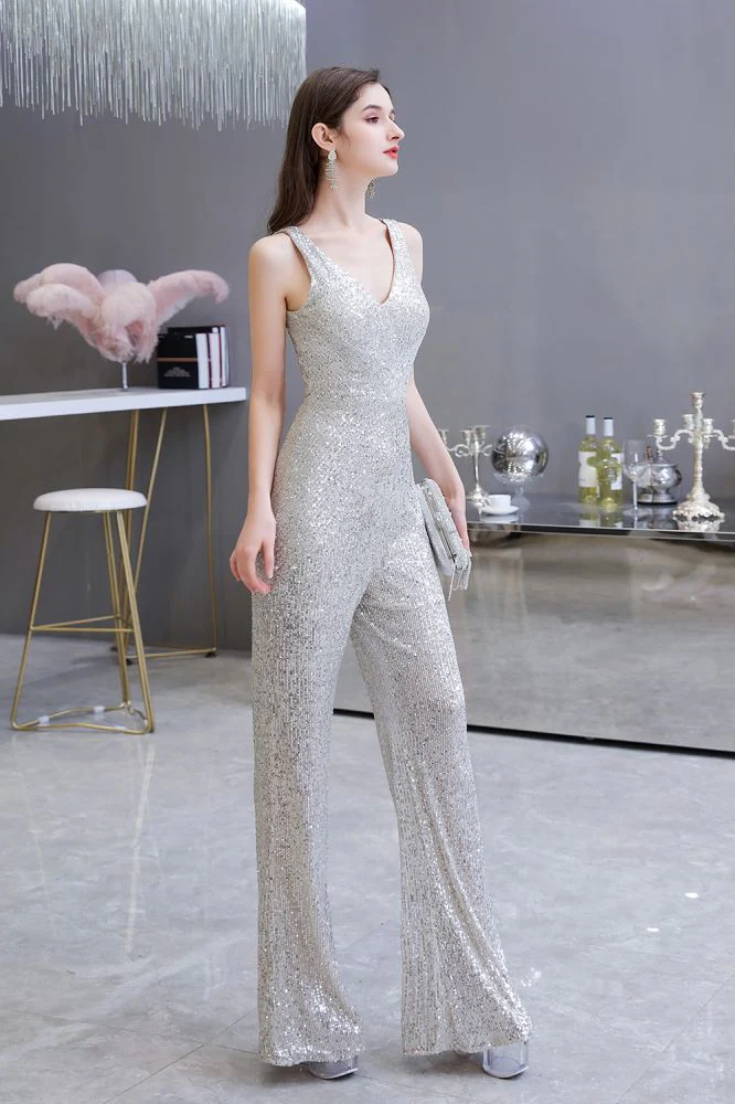 Chic Shining V-neck Silver Sequin Sleeveless Prom Jumpsuit - Image 6