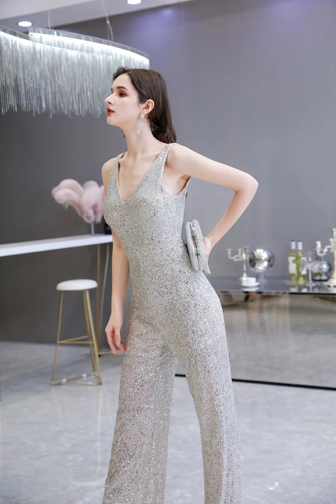 Chic Shining V-neck Silver Sequin Sleeveless Prom Jumpsuit - Image 7
