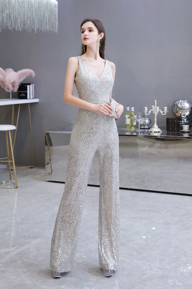 Chic Shining V-neck Silver Sequin Sleeveless Prom Jumpsuit - Image 8