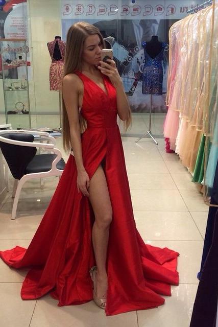Chic Side Slit Prom Dresses V-neck Stretch Satin Evening Gowns - Image 2