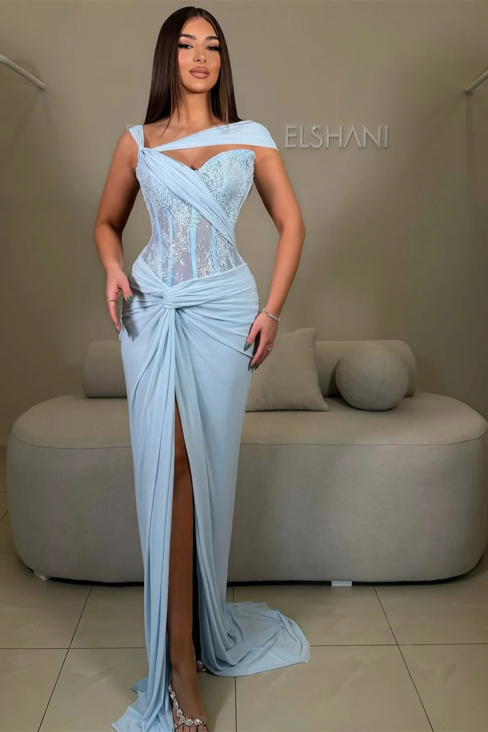 Chic Sky Blue Sweetheart Asymmetrical Sleeveless Lace Prom Dresses Mermaid With High Split - Image 3
