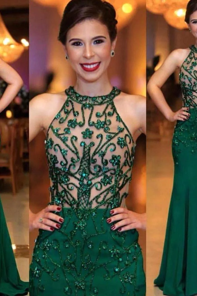 Chic Sleeveless Round Neck Beading Prom Dresses With Open Back Dark Green Evening Gowns - Image 2