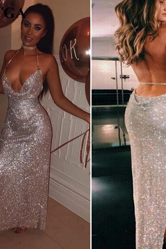 Chic Slit Backless Sparkle Evening Dresses Silver Sequins Halter V-neck Open Back Formal Dress - Image 2