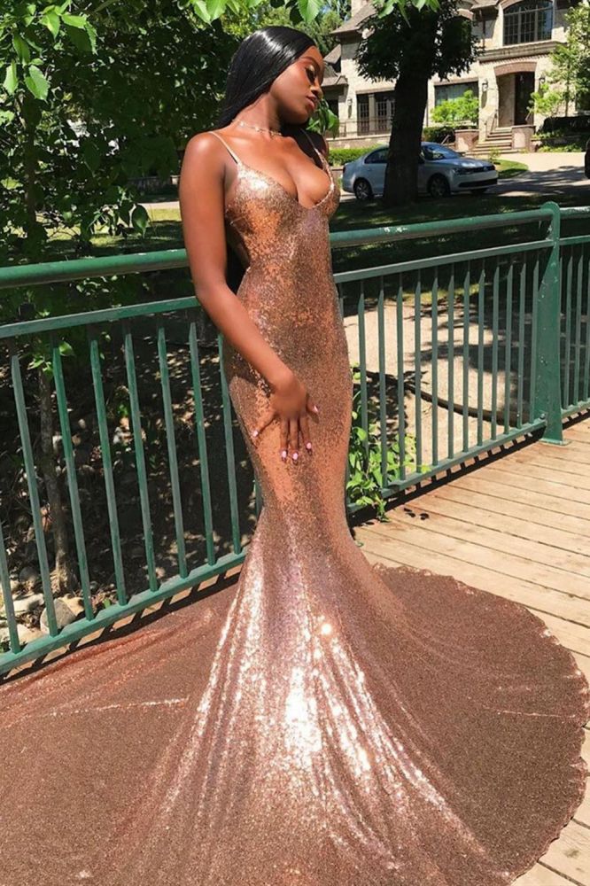 Chic Spaghetti Sequins Mermaid Prom Party GownsCharming V-Neck evening Wear - Image 2