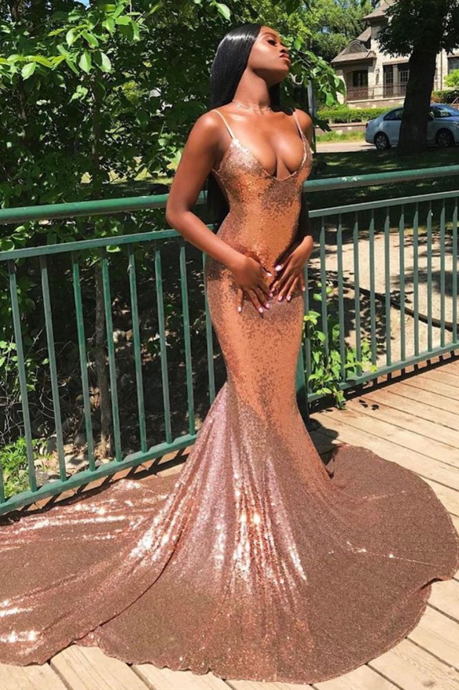 Chic Spaghetti Sequins Mermaid Prom Party GownsCharming V-Neck evening Wear - Image 3