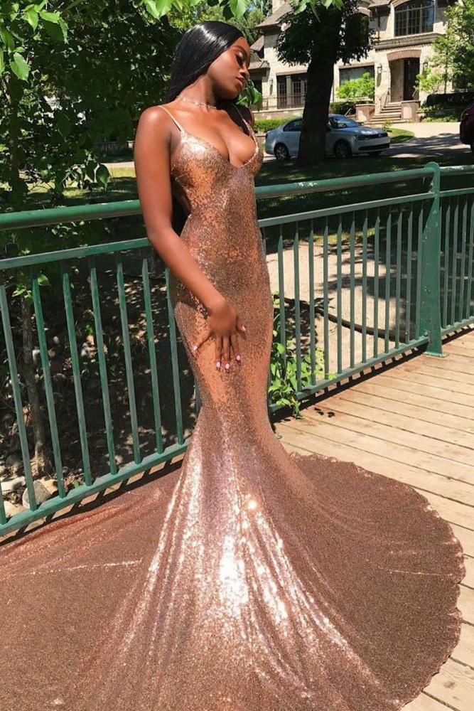 Chic Spaghetti Sequins Mermaid Prom Party GownsCharming V-Neck evening Wear - Image 4