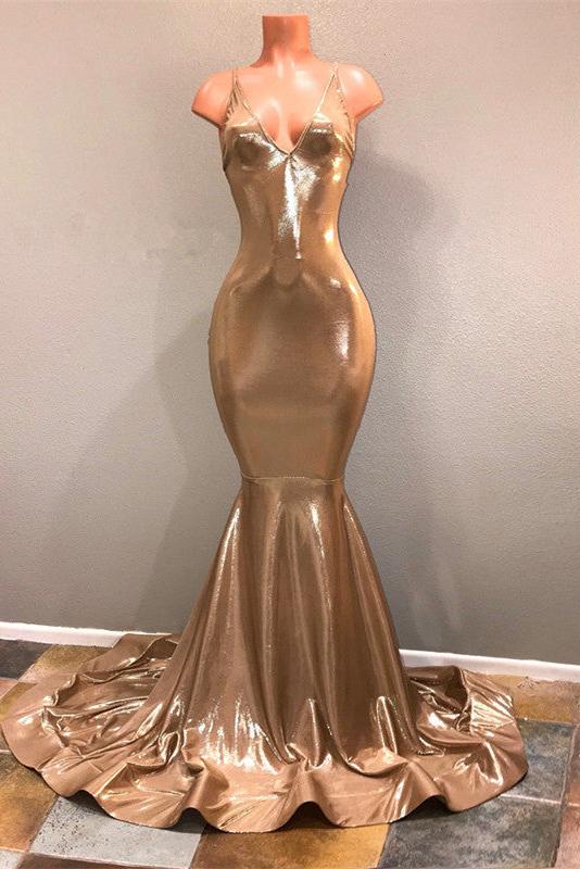 Chic Spaghetti Strap Gold Prom Dress, Sleeveless Prom Party Gowns - Image 2