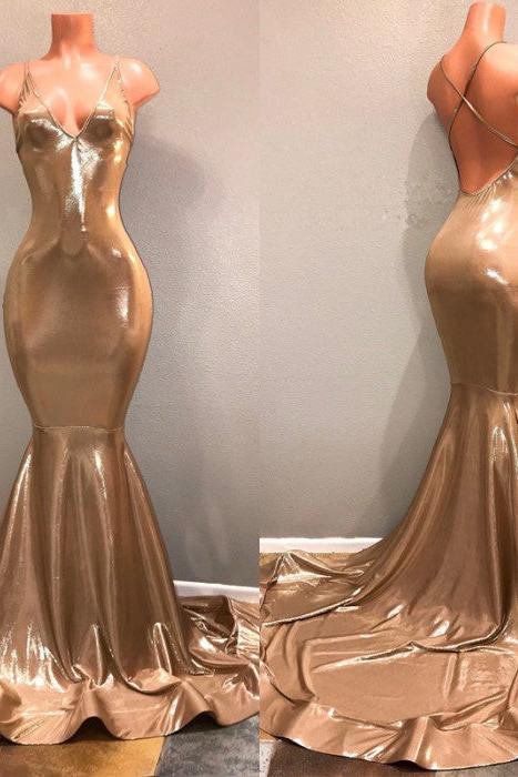 Chic Spaghetti Strap Gold Prom Dress, Sleeveless Prom Party Gowns - Image 4