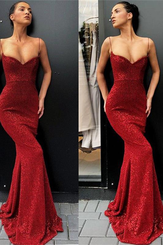 Chic Spaghetti Straps Sequins Long Evening Dresses Sheath Formal Dresses - Image 2