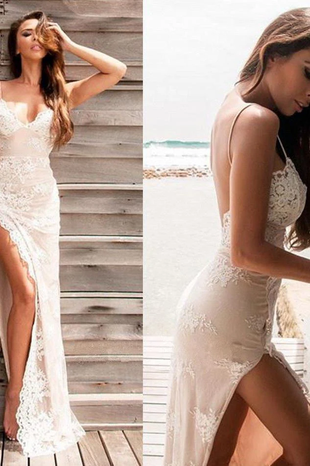 Chic Spaghetti Straps Split Evening Dresses Lace Sheath Summer Party Dress for Beach - Image 2