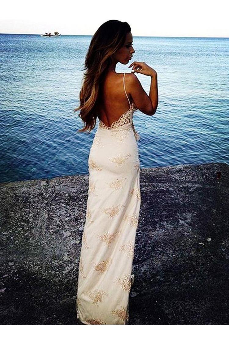 Chic Spaghetti Straps Split Evening Dresses Lace Sheath Summer Party Dress for Beach - Image 4