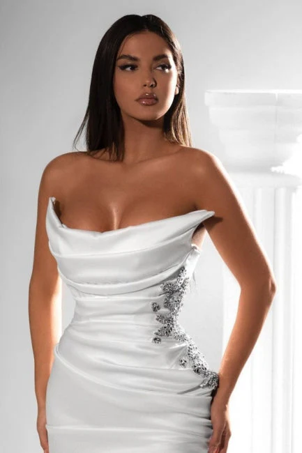 Classy Strapless Front Slit Floor Length Satin Prom Dress with Ruffles - Image 2