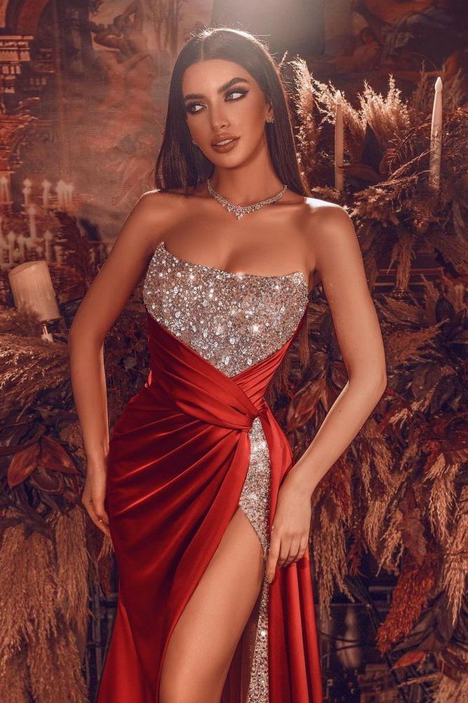 Chic Strapless Glitter Sequins Evening Gown with Side Slit - Image 2