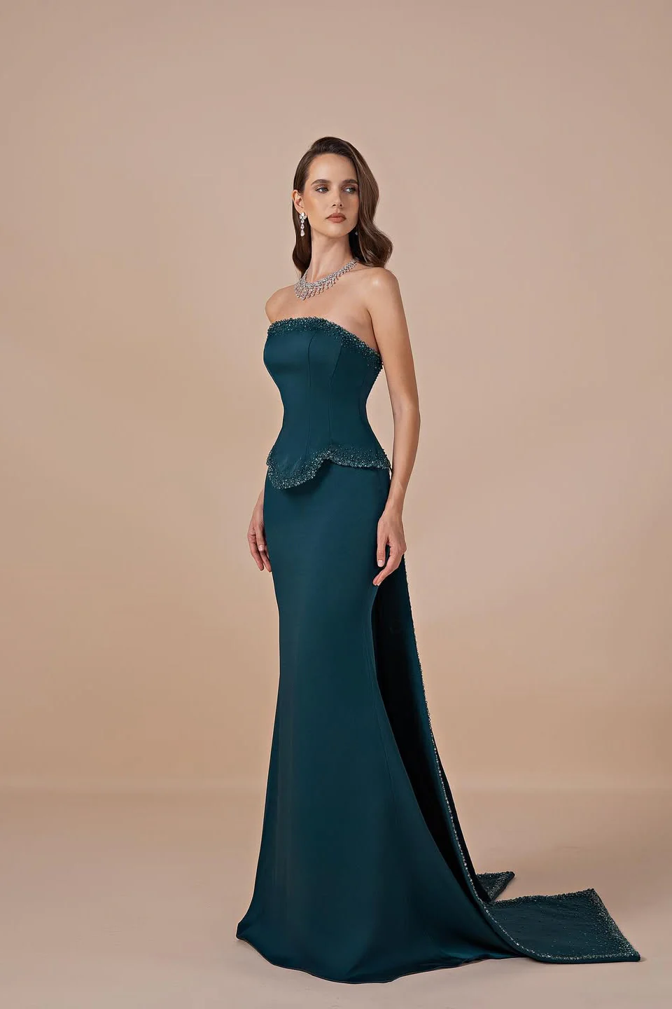 Chic Strapless Sleeveless Mermaid Satin Prom Dresses Column Lace-Up Back With Beads Ribbon - Image 4