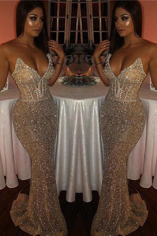 Chic Strapless Sleeveless Sweep Train Mermaid Prom Dresses - Image 2