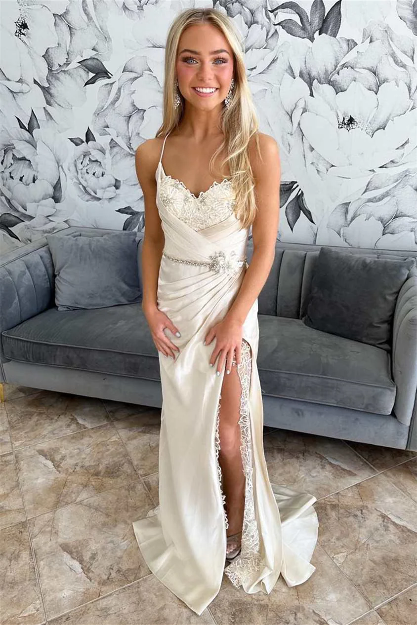 Chic Sweetheart Satin Spaghetti-Straps Sleeveless Wedding Dresses Sequins Lace-Up Back High Slit With Beads Flower - Image 2