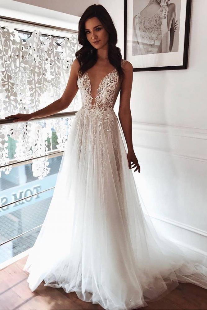Chic Tulle A line Ivory Lace V neck Summer Beach Wedding Dress - Image 2