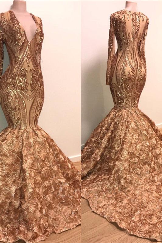 Chic V-neck Elegant Long Sleeves Gold Sparkle Appliques Prom Party Gowns - Image 2