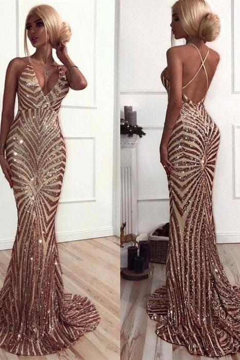 Chic V-Neck Mermaid Prom Party Gowns| Sequins Long Evening Dress - Image 3