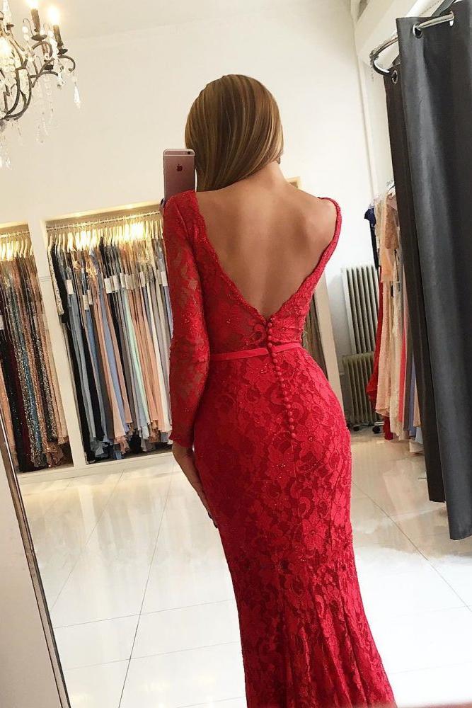 Chic V-neck Open Back Scarlet Lace Evening Dresses Elegant Long Sleeves Fit and Flare Wholesale Prom Dresses - Image 2