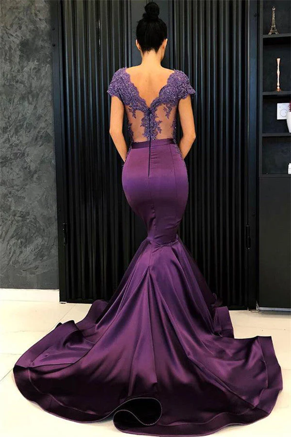 Chic V-Neck Short Sleeves Evening Dresses Mermaid Beadings Long Formal Dresses - Image 2