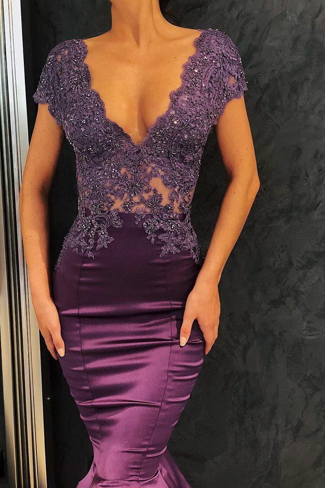 Chic V-Neck Short Sleeves Evening Dresses Mermaid Beadings Long Formal Dresses - Image 3