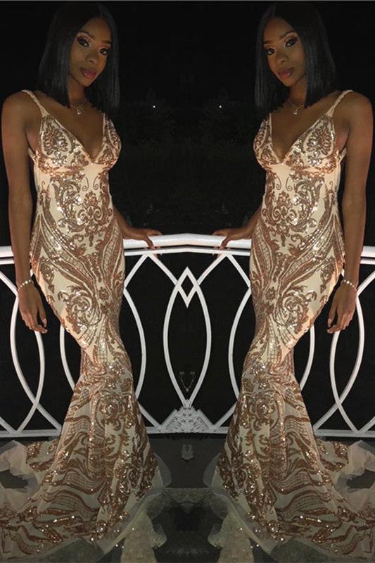 Chic V-Neck Spaghetti Straps Sleeveless Gold Appliques Mermaid Prom Dresses - Image 2