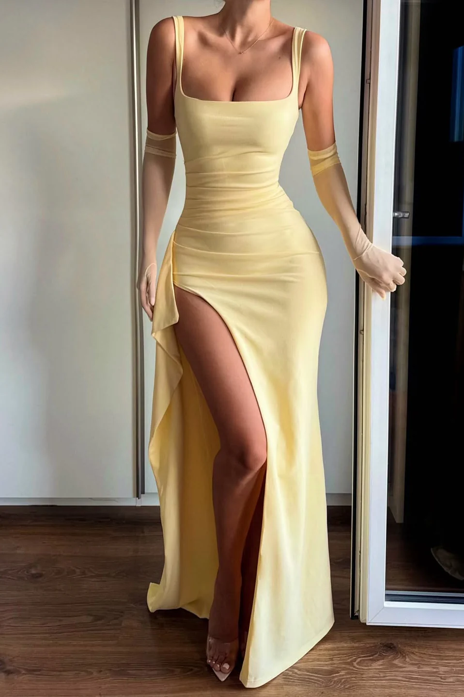 Chic Yellow Square Strap Satin Mermaid Prom Dress Sleeveless High Split With Ruffle Zipper - Image 3