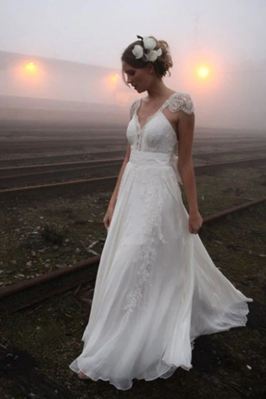 Chiffon A Line Sleeveless V neck Floor Length Lace Wedding Dresses - Image 2