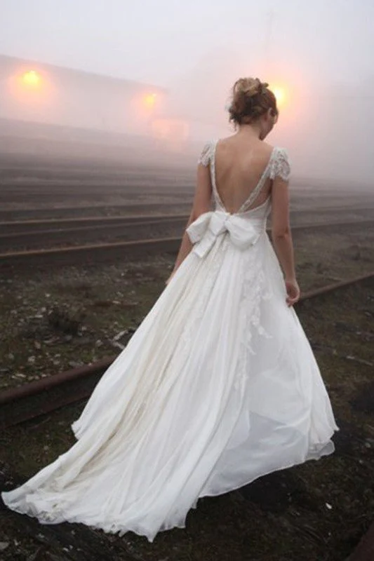 Chiffon A Line Sleeveless V neck Floor Length Lace Wedding Dresses - Image 3