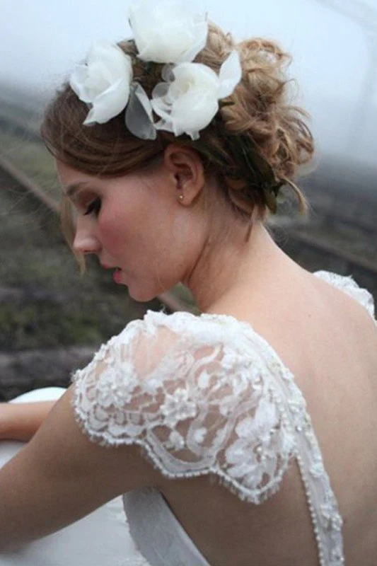 Chiffon A Line Sleeveless V neck Floor Length Lace Wedding Dresses - Image 4