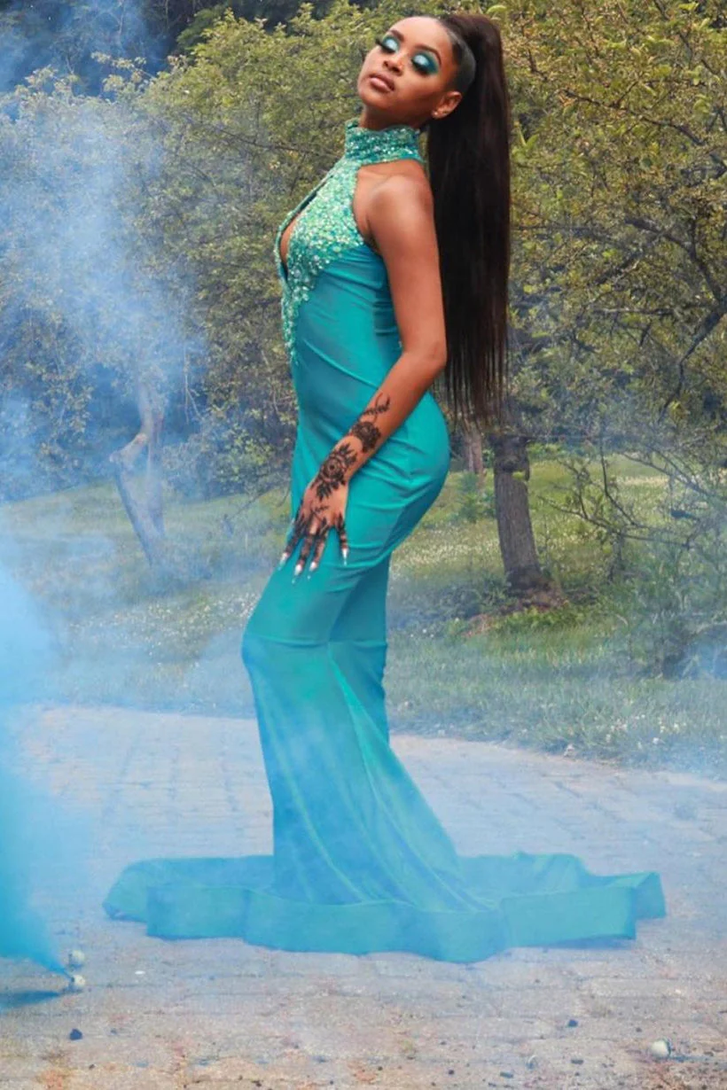 Chiffon Halter Sexy Green Mermaid Prom Dress Beaded Long Backless - Image 3