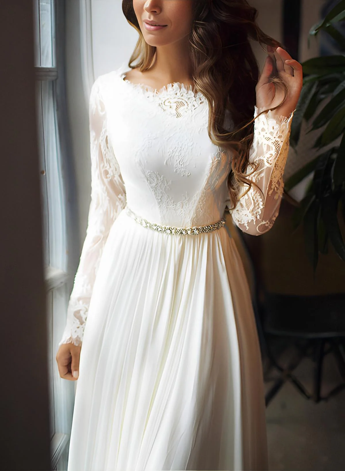 Chiffon Lace Wedding Dress Long Sleeves Sweep Train - Image 2