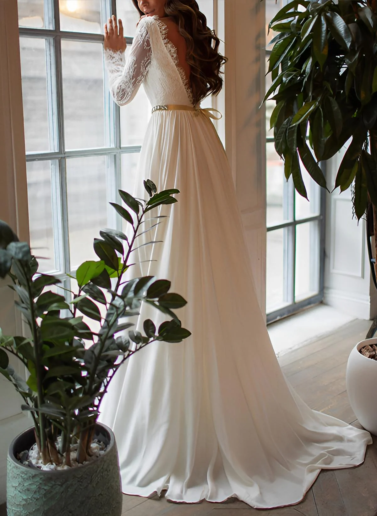Chiffon Lace Wedding Dress Long Sleeves Sweep Train - Image 3