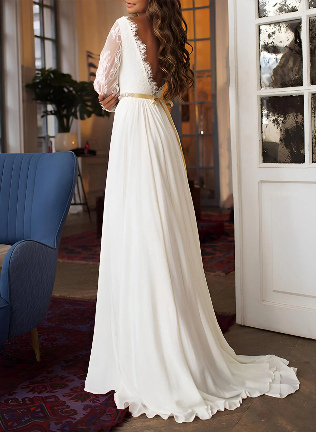 Chiffon Lace Wedding Dress Long Sleeves Sweep Train - Image 4
