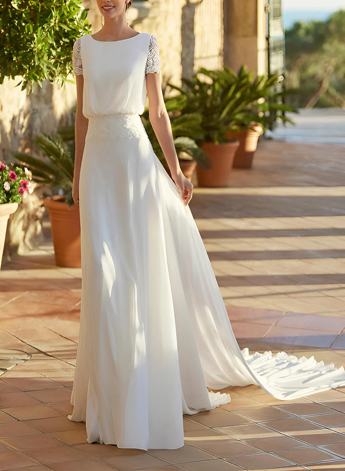 Chiffon Wedding Dress Chic A-line Silhouette Scoop Neck Short Sleeves Court Train - Image 2