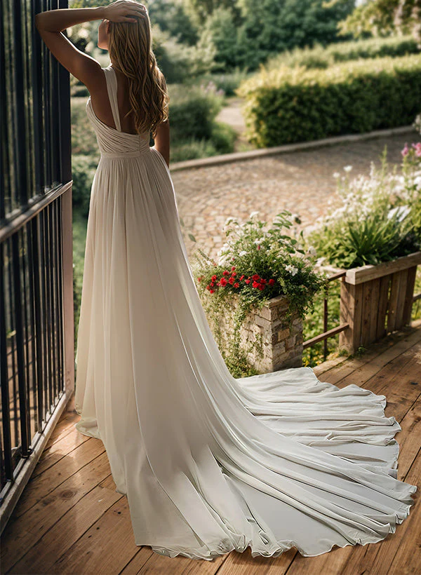 Chiffon Wedding Dress Split Front Chic A-line Sweep Train - Image 3