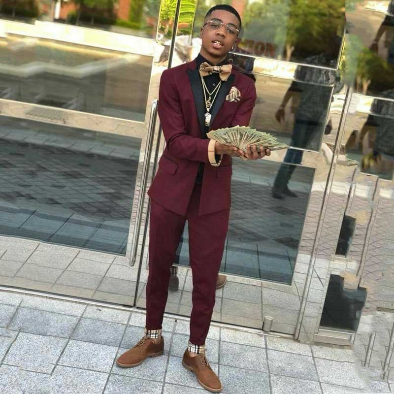 Classy Burgundy Two Piece Mens Suits with Black Lapel - Image 2
