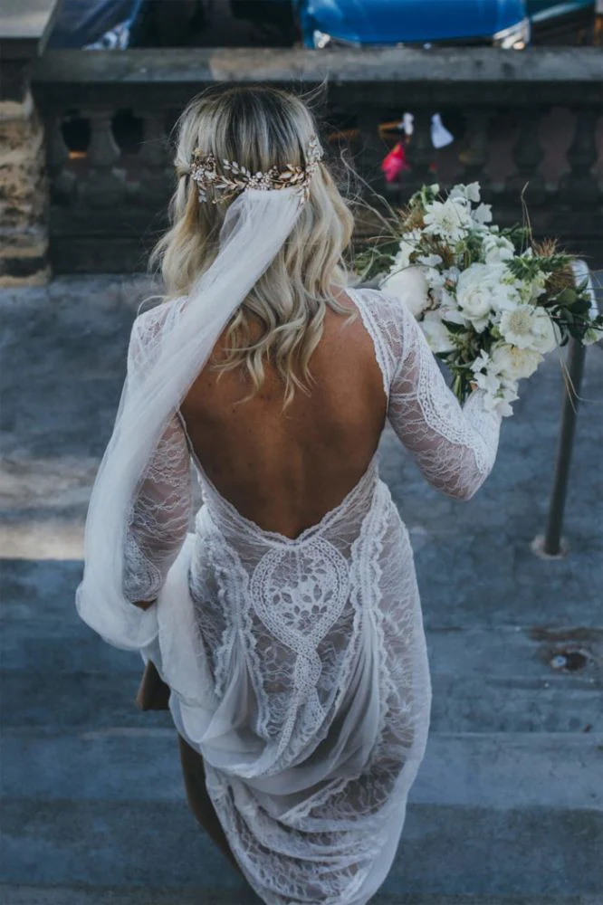 Classic Beach Long Sleevess Backless Lace Beach Wedding Dress Simple Summer Casual Bridal Gowns Online - Image 2