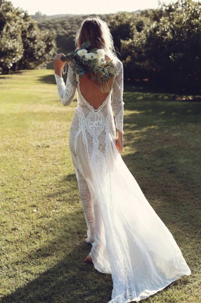 Classic Beach Long Sleevess Backless Lace Beach Wedding Dress Simple Summer Casual Bridal Gowns Online - Image 3