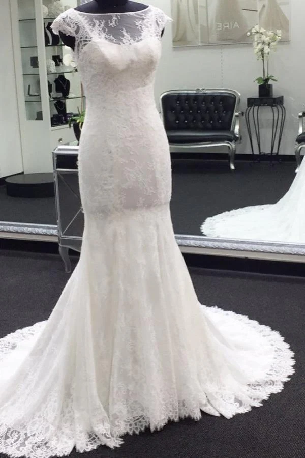 Classic Cap Sleeves White Illusion neck Lace Mermaid Wedding Dress with Court Train - Image 2