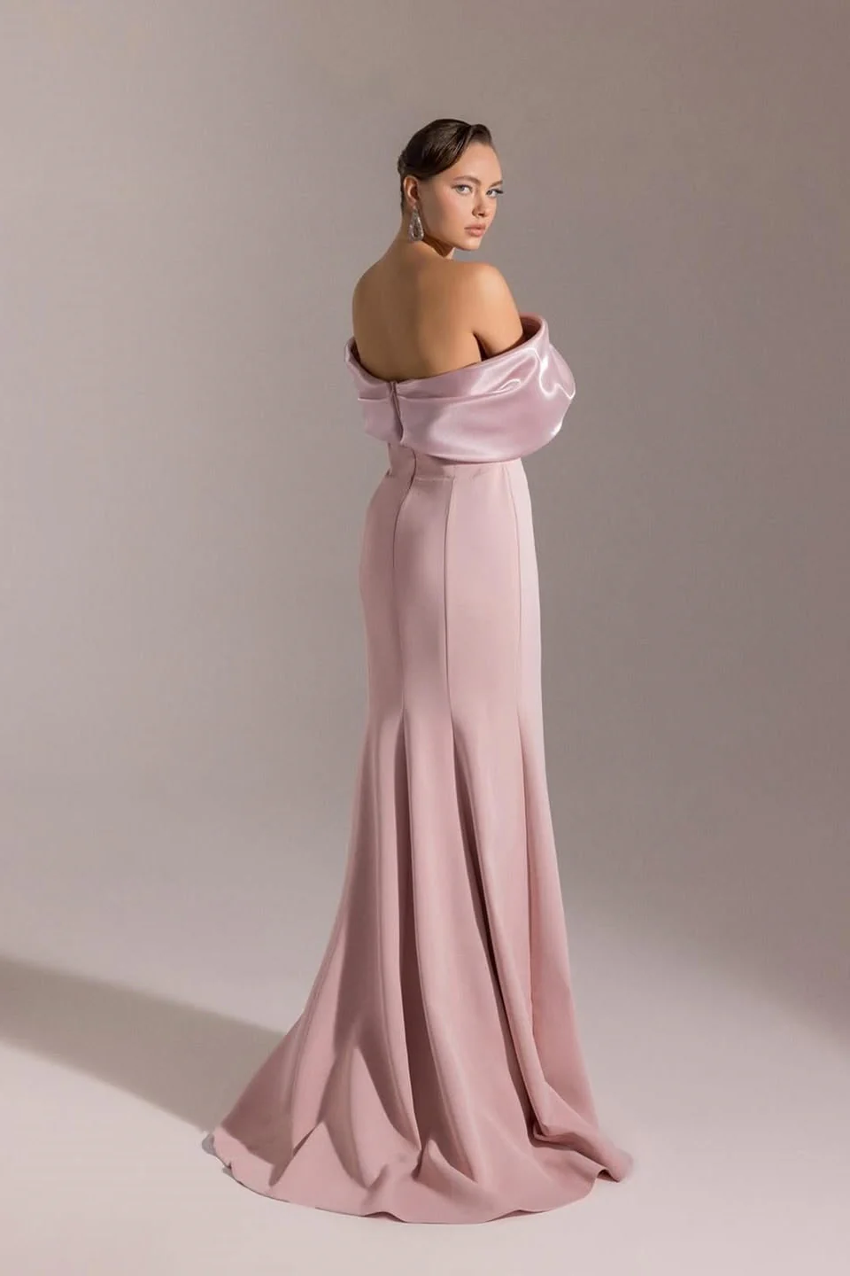 Classic Dusty Pink Off-The-Shoulder Mermaid Satin Prom Dresses Column High Split With Zipper - Image 2
