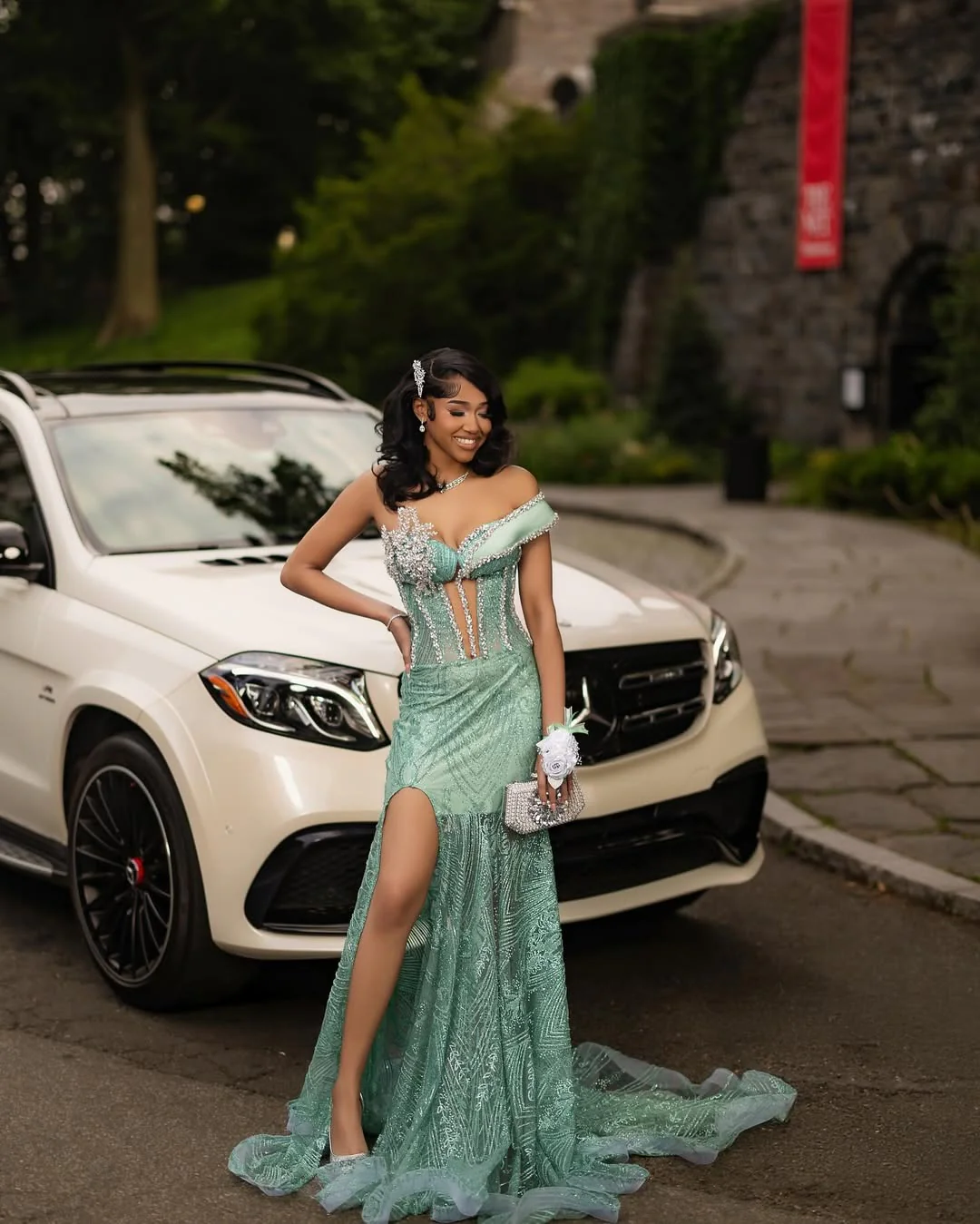Classic Green Sweetheart One Shoulder Mermaid Prom Dresses Sheath Gem With High Split - Image 3